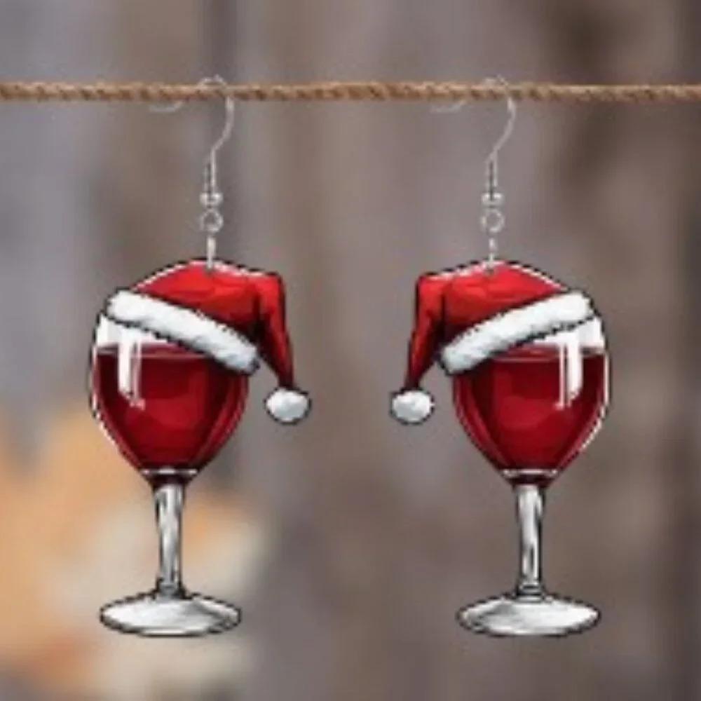 Wine Glass Dangle Earrings Double-Sided Cartoon Design, Acrylic SS posts